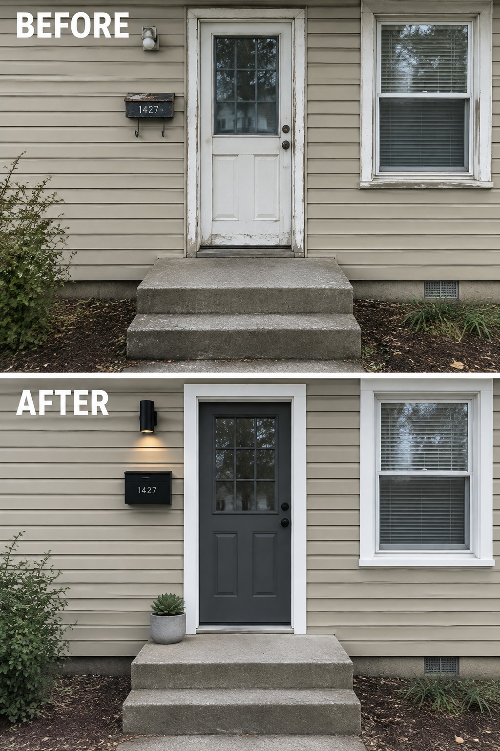 Before and after of beige house with door repainted from white to dark gray