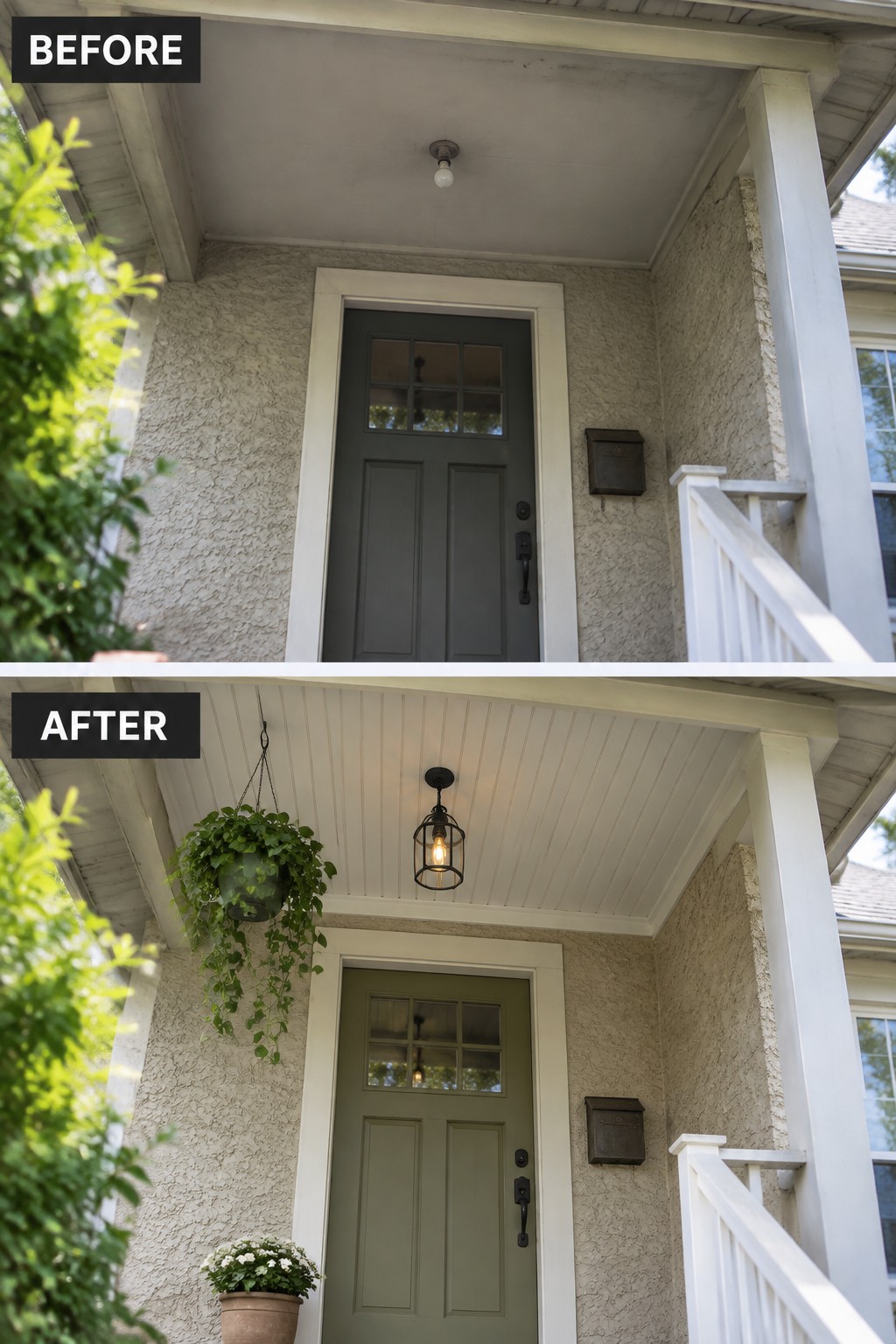 Before-and-after image of a front entry showing a dark gray door changed to sage green, with new white ceiling paneling and a lantern light fixture added.