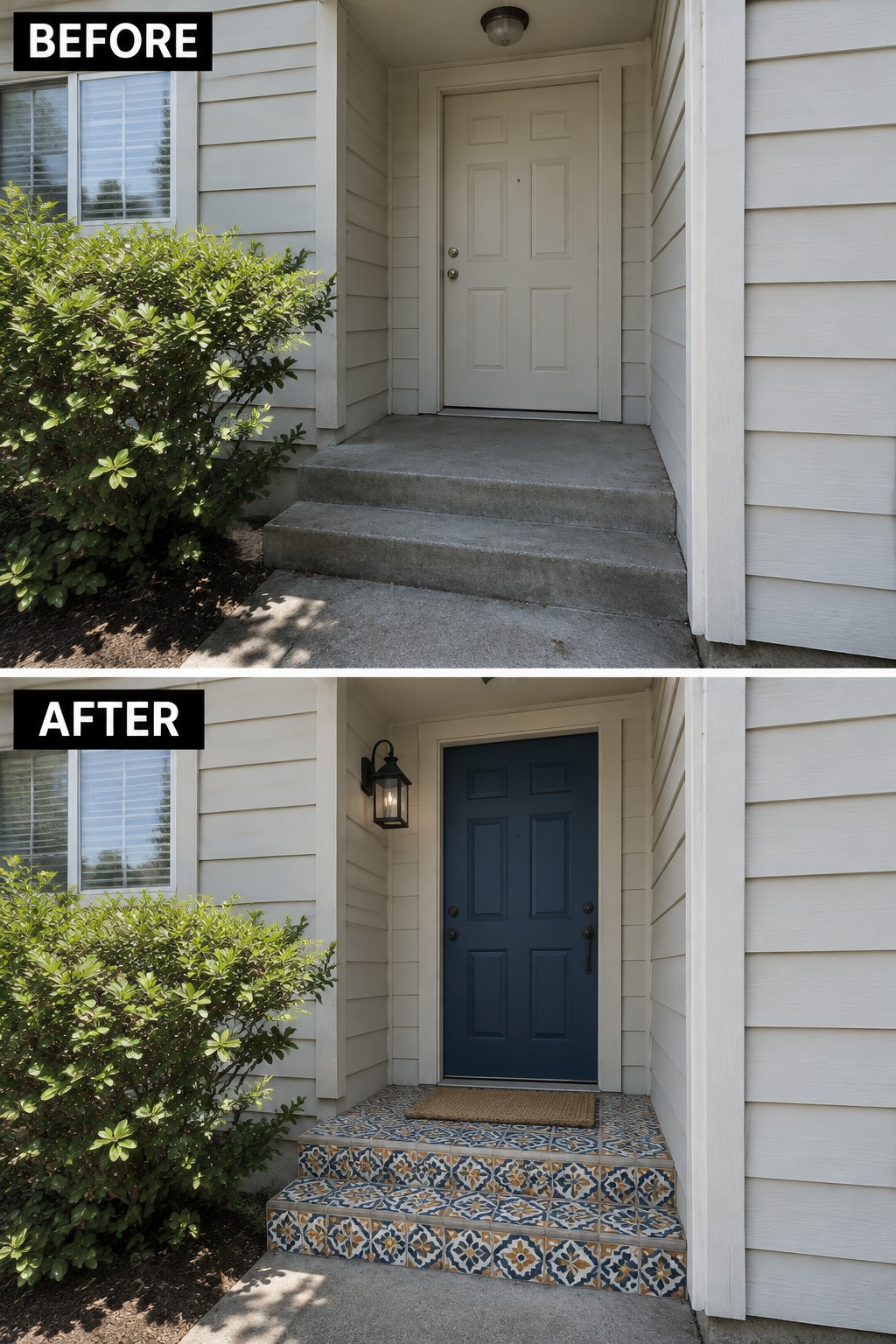 Before and after home entrance with navy door, tiled steps, and lantern light.