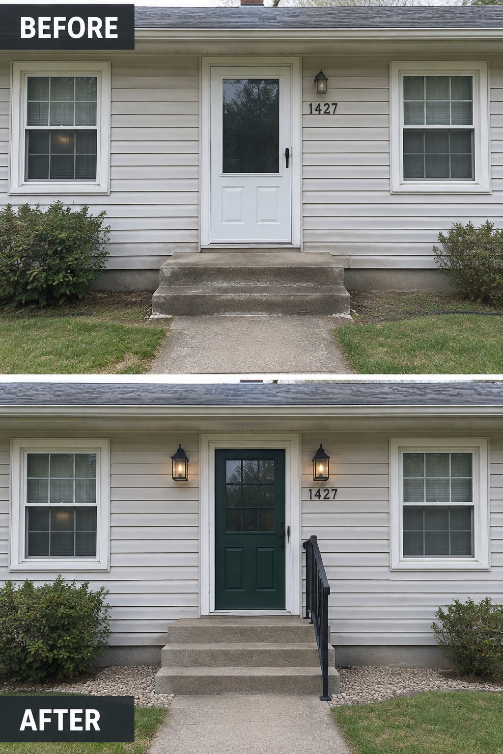 Before and after house entrance renovation with new green door, railings, and gravel.