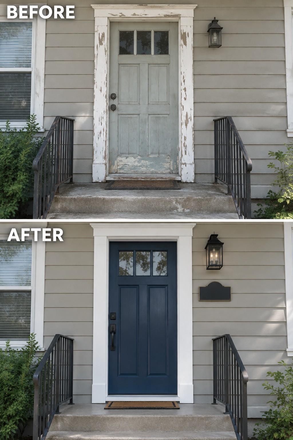 Before-and-after image of a faded front door with peeling paint updated to a deep blue door with fresh white trim and a new lantern light.