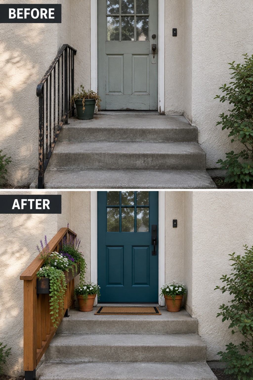 Before and after porch with teal door, wooden railing, and potted flowers.