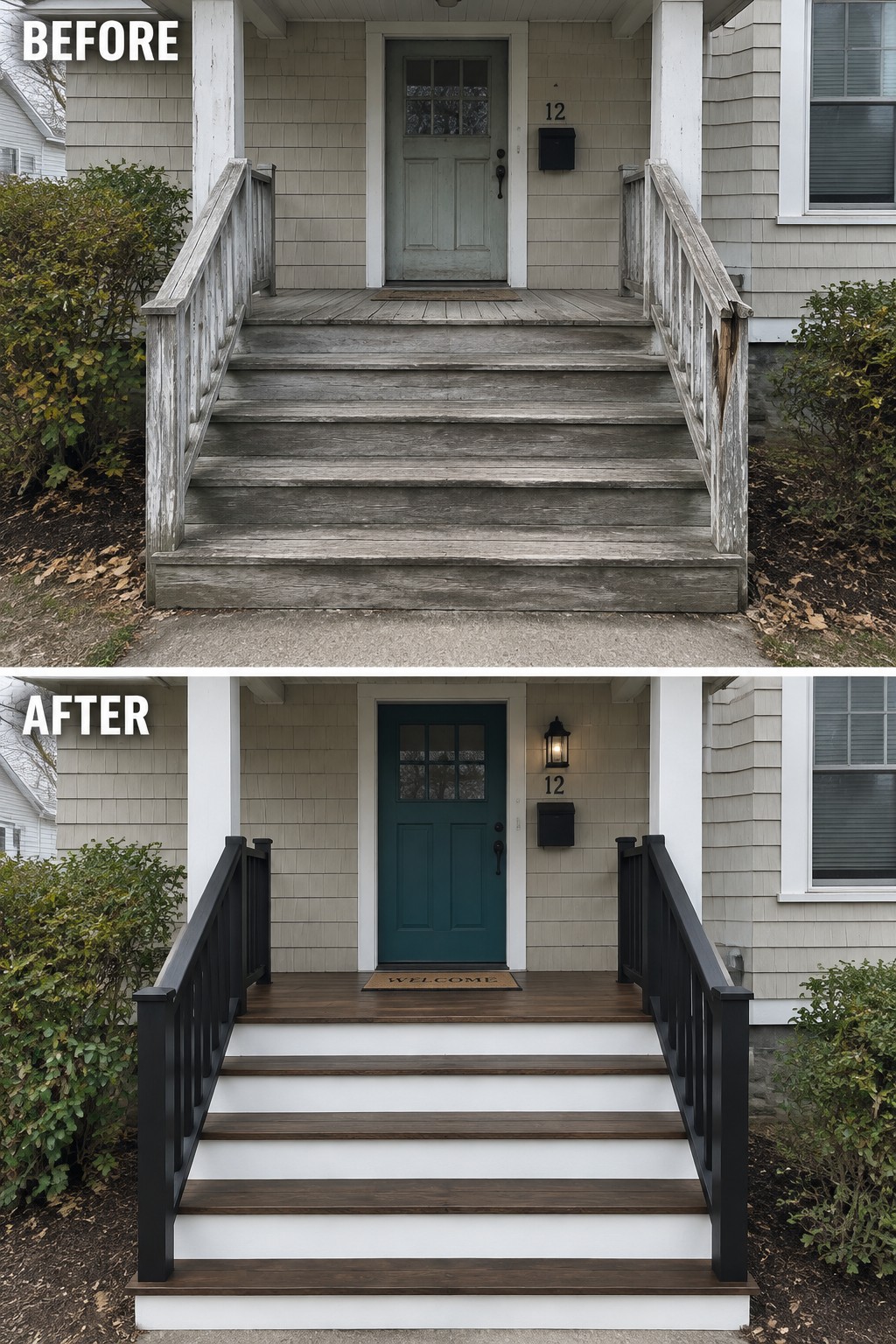 Before-and-after image of a weathered front porch and stairs refreshed with black railings, dark wood steps, white risers, and a teal front door.