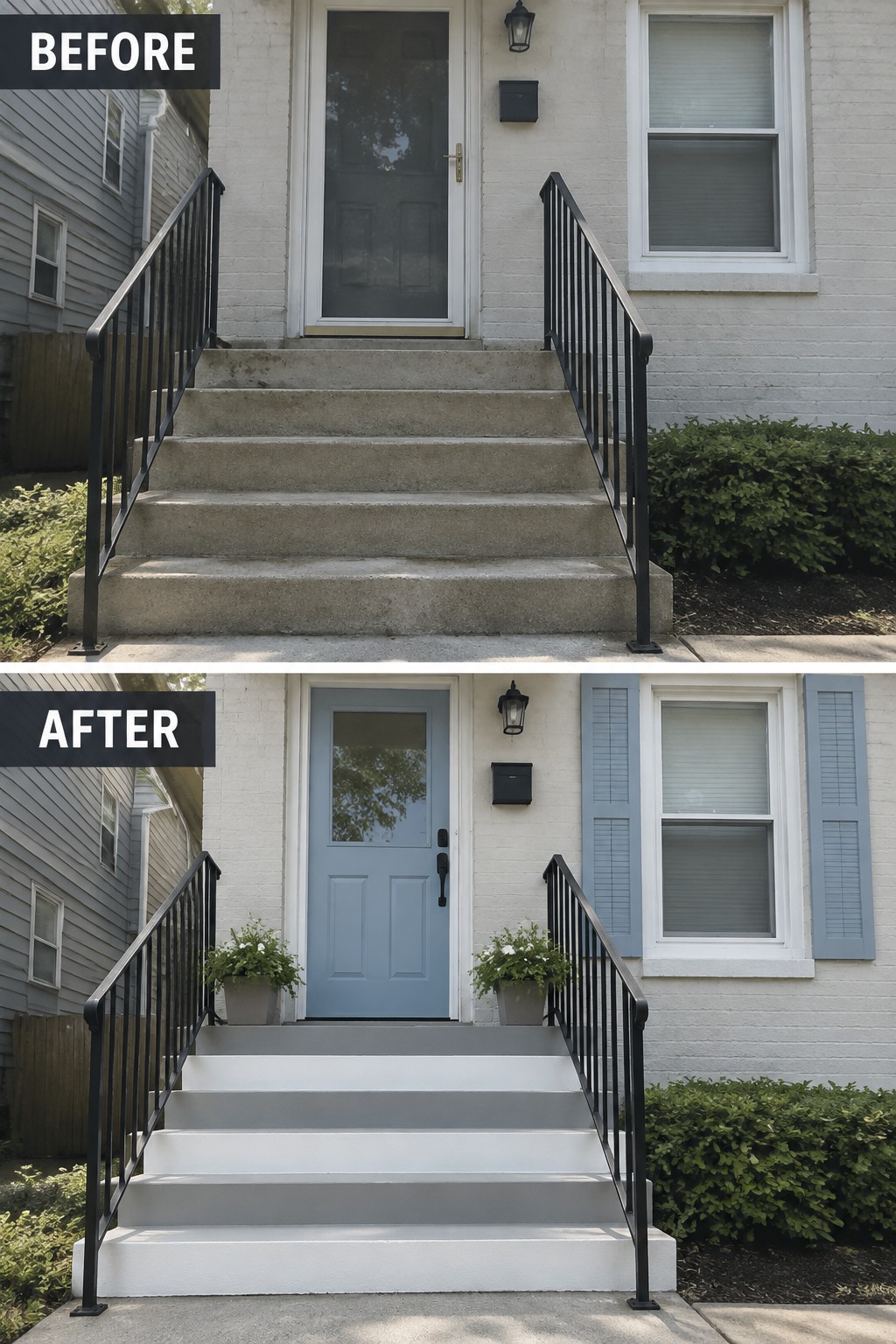 Before-and-after house entrance: concrete steps repainted white, new blue door, added planters.