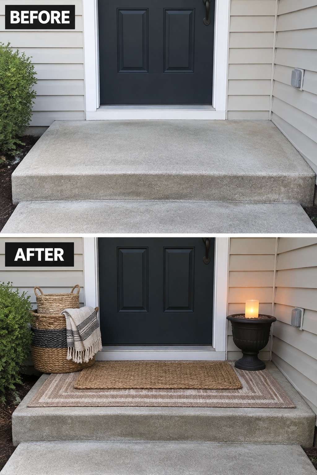 Before-and-after image of a plain concrete front stoop updated with a woven rug, baskets, and a planter holding a lit candle.