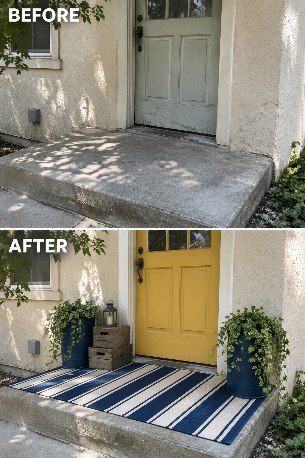Before-and-after front entrance with yellow door, striped rug, and potted plants.