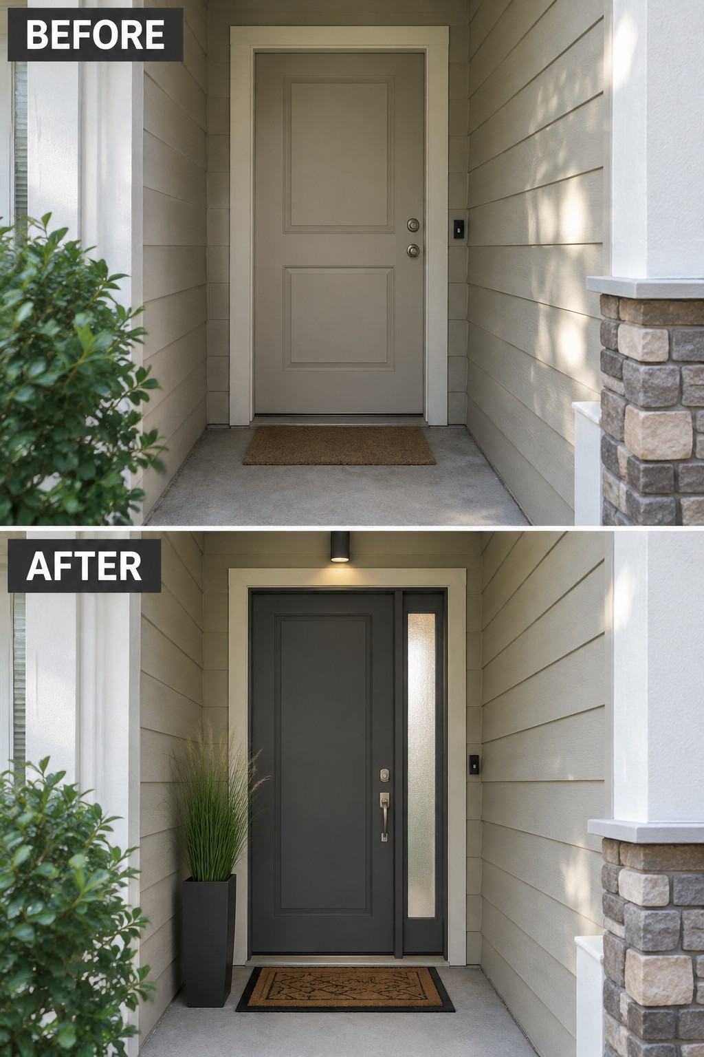 Before-and-after image of a front entry with a plain light door changed to a modern dark door with a vertical glass panel, overhead light, and tall planter.