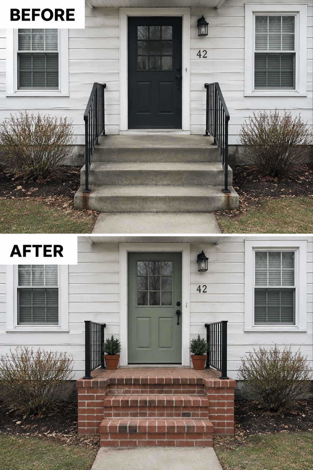 Before-and-after of house entrance with green door and new red brick steps