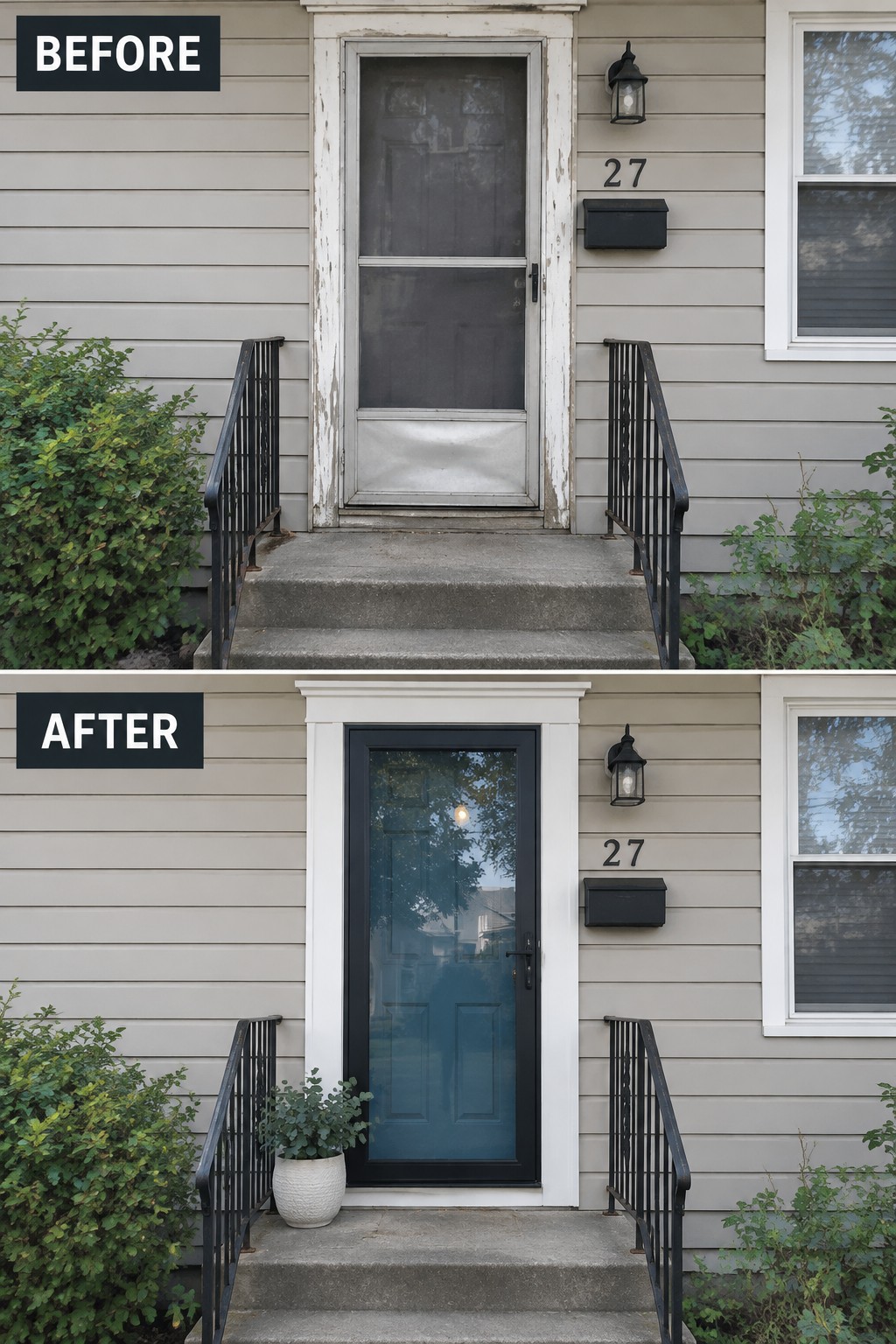 Before-and-after image of a house front entry showing an old damaged screen door replaced by a black door with white trim and a potted plant added on the steps.