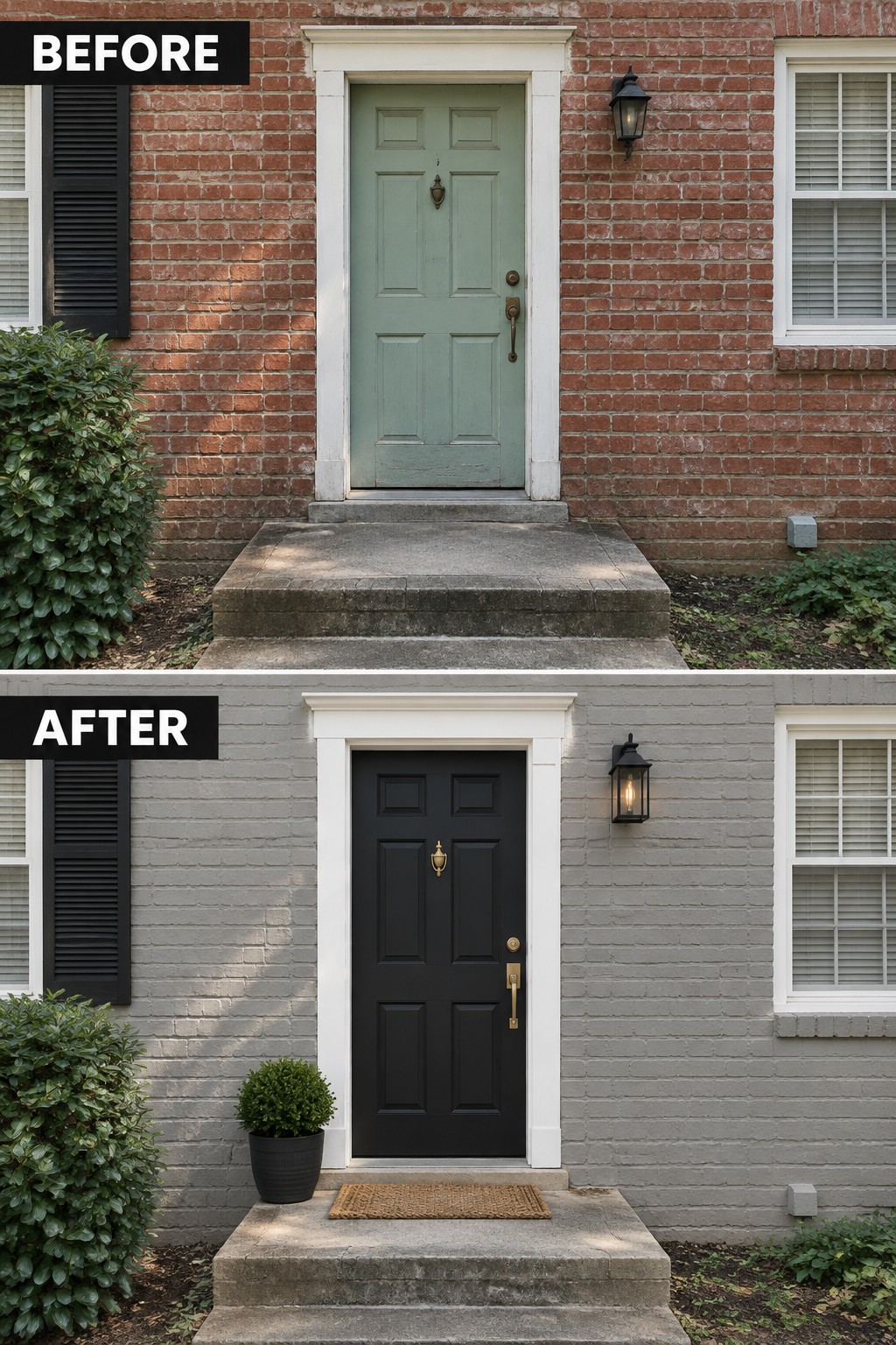Before-and-after image of a brick house front entry changed from a green door to a black door with a doormat and potted plant added.