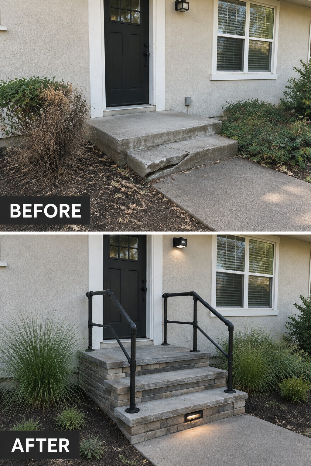 Before-and-after image of a front entry with cracked concrete steps changed to stone steps with black railings added on both sides.