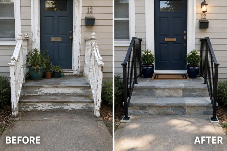 22 Smart Front Porch Before and After Ideas With Updated Railings and Steps Before and after of front porch with navy door, black railings, and stone steps.