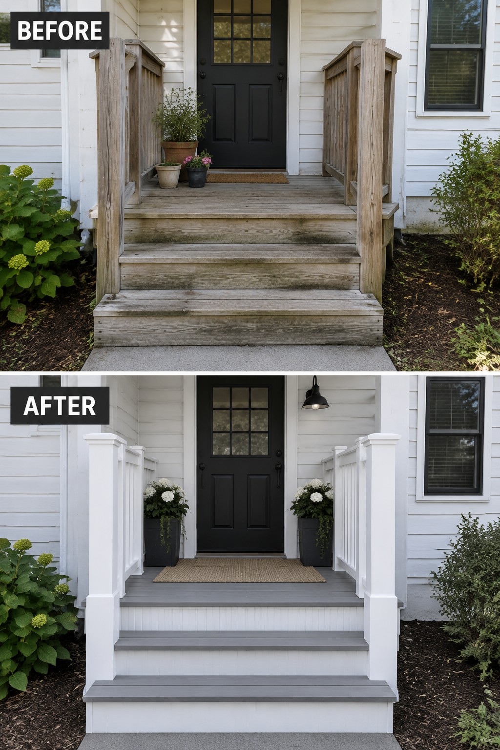 Before and after porch renovation with white railings and gray painted steps