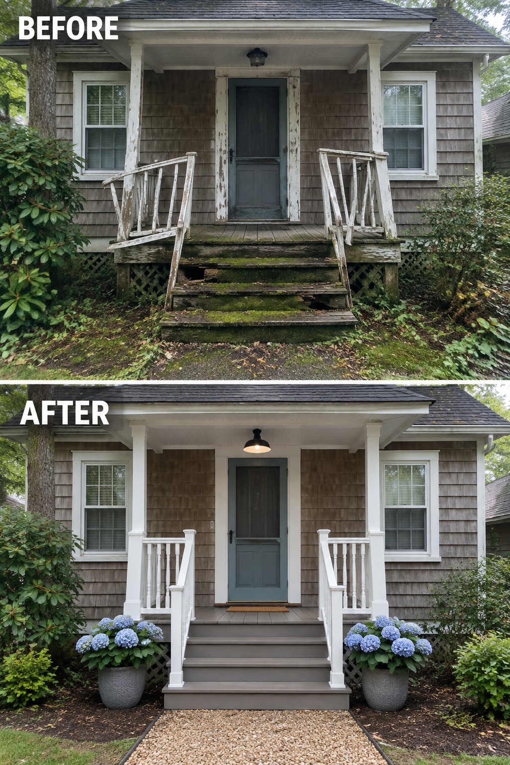 Before and after of renovated house porch with fresh paint, gray steps, and blue hydrangeas