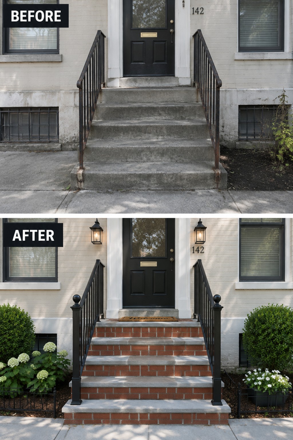 Before-and-after image of concrete front steps with rusty railings transformed into brick steps with black railings, wall lanterns, and flanking plants.