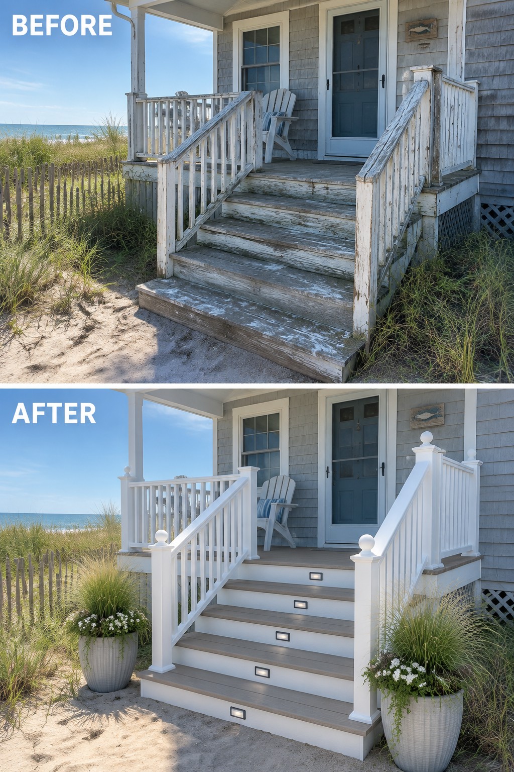 Before and after of renovated beach house stairs with white railings and planters