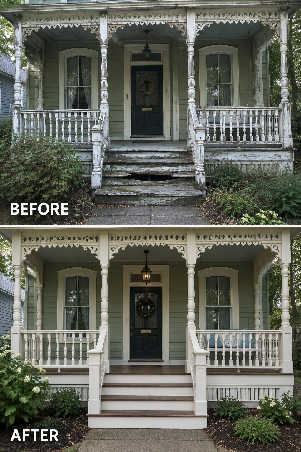 Before and after of a restored Victorian porch with fresh white paint and stairs.