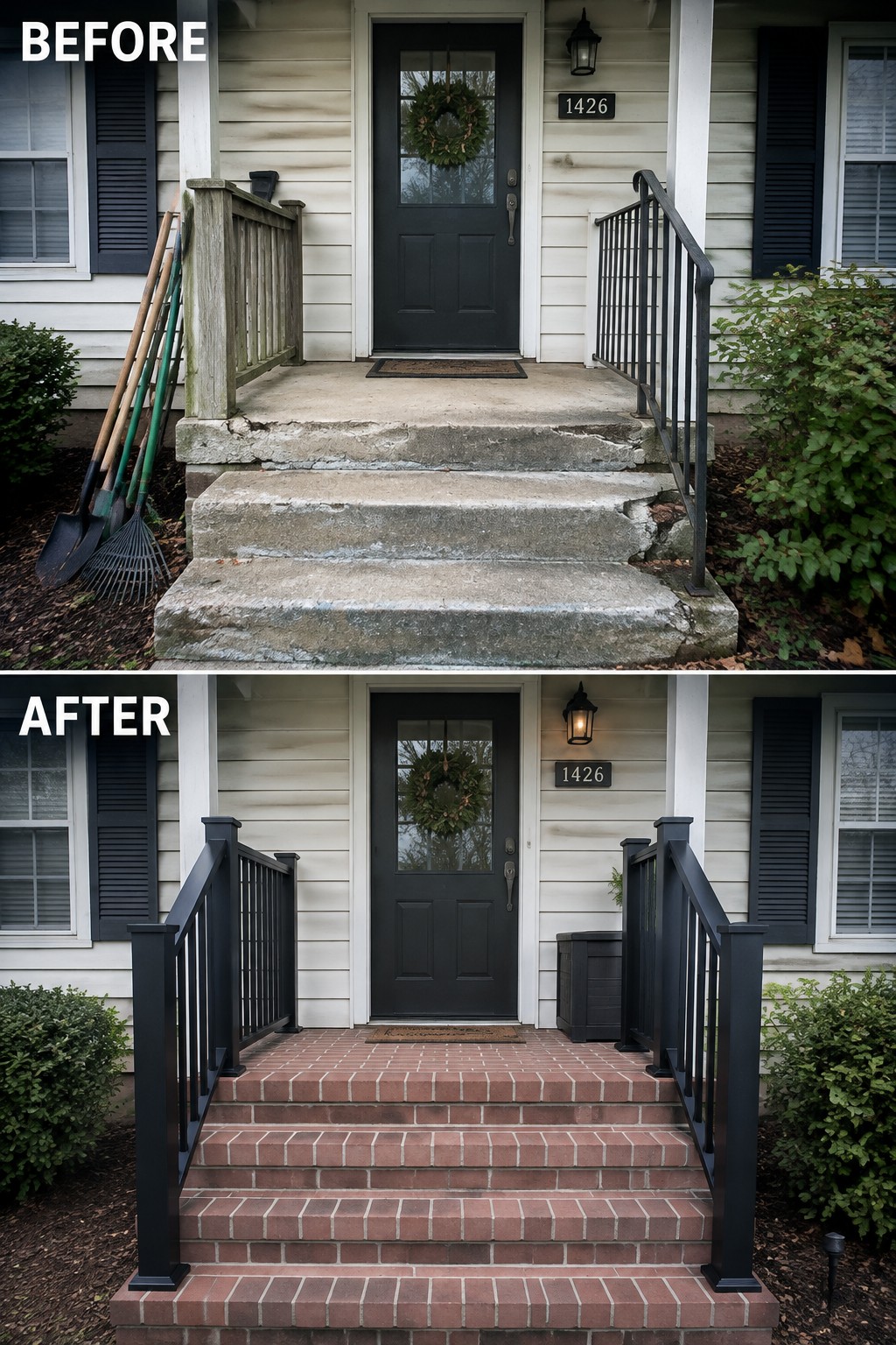 Before-and-after image of a front porch with cracked concrete steps and old railings updated to red brick steps and matching black metal railings.