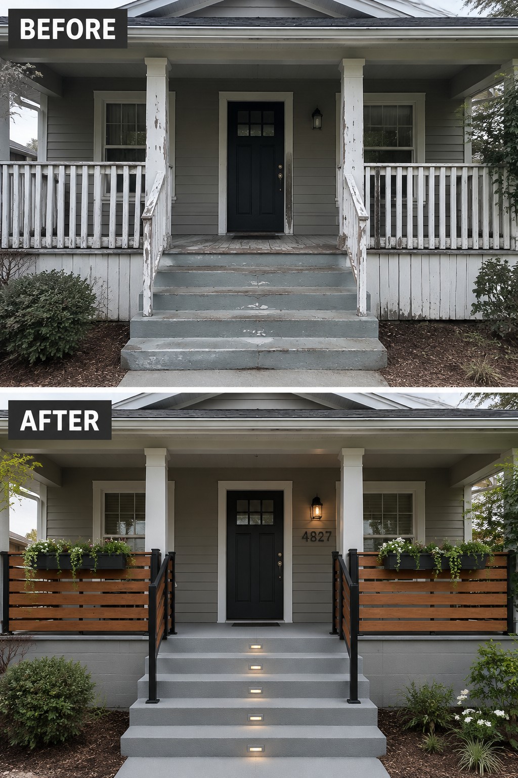 Before and after of gray house porch with new wooden railings, planters, and lit steps.