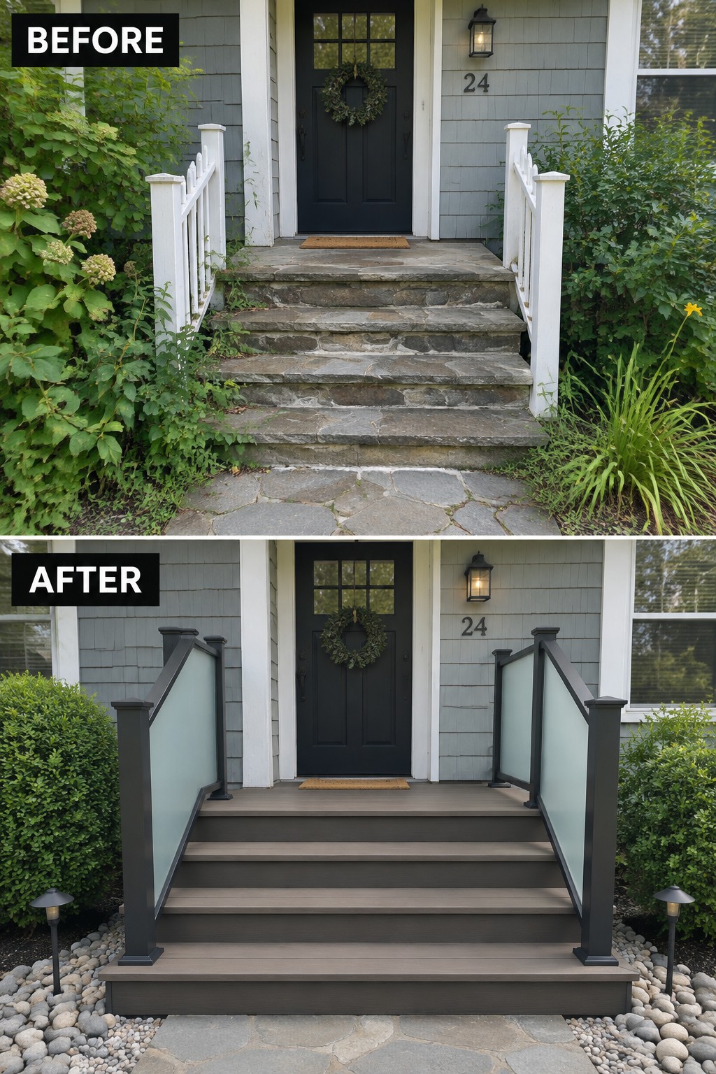 Before and after of front steps with old stone and white railings versus modern dark deck and glass panels