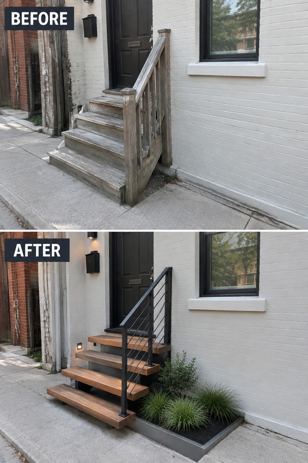 Before-and-after renovation of front steps with modern railing and plants.