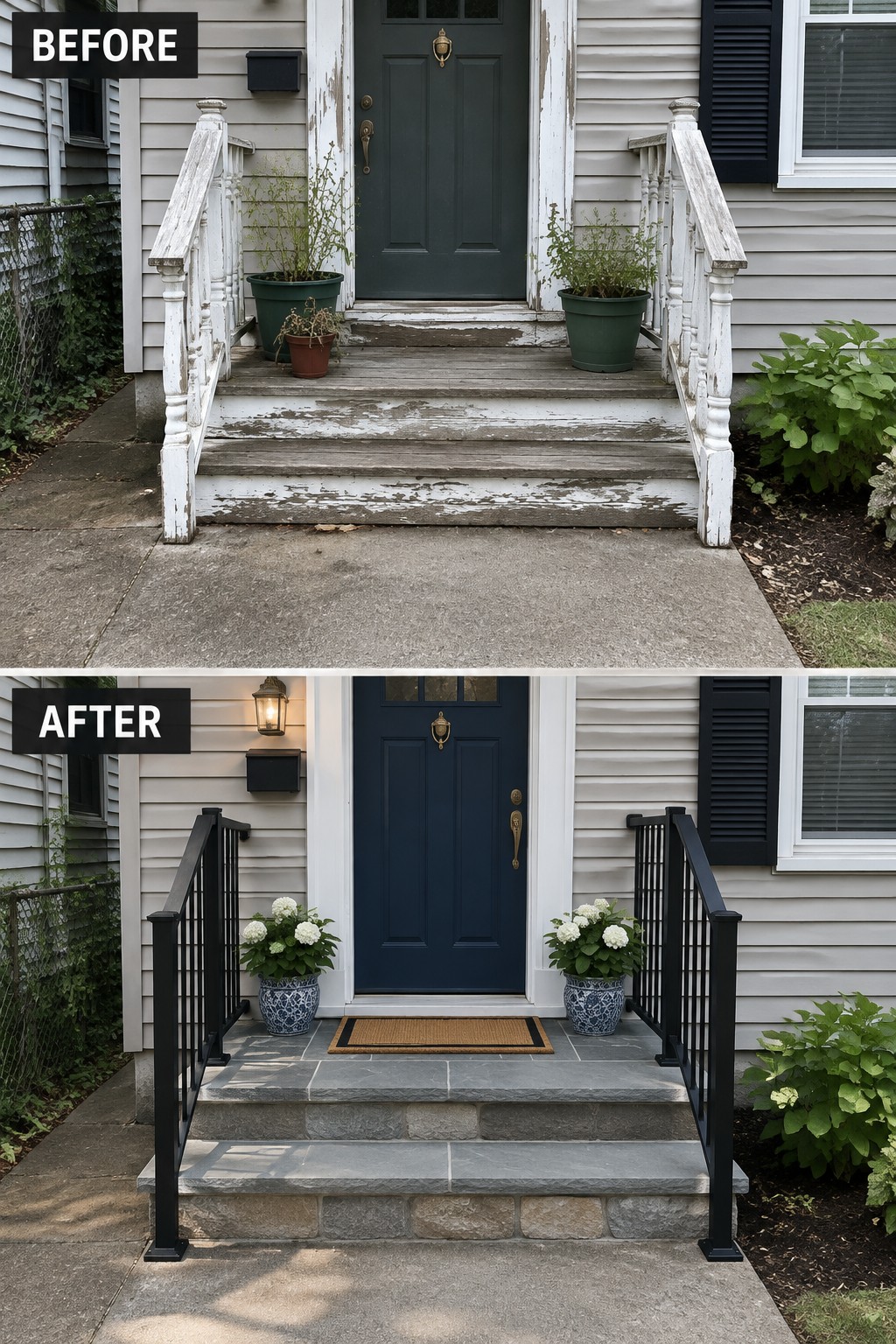 Before and after of front porch with navy door, black railings, and stone steps.