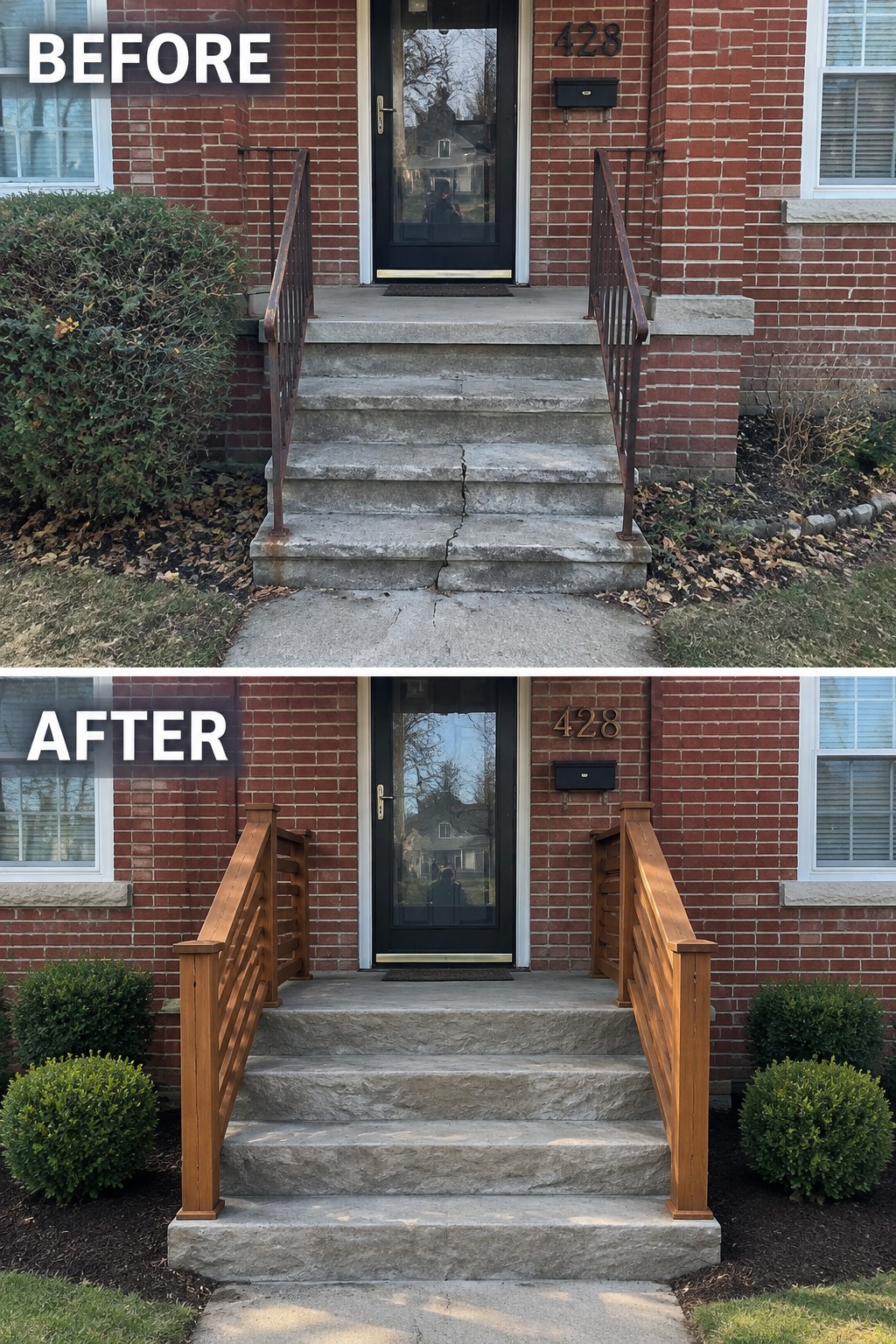 Before-and-after of brick house steps with rusty metal railings replaced by wooden ones.