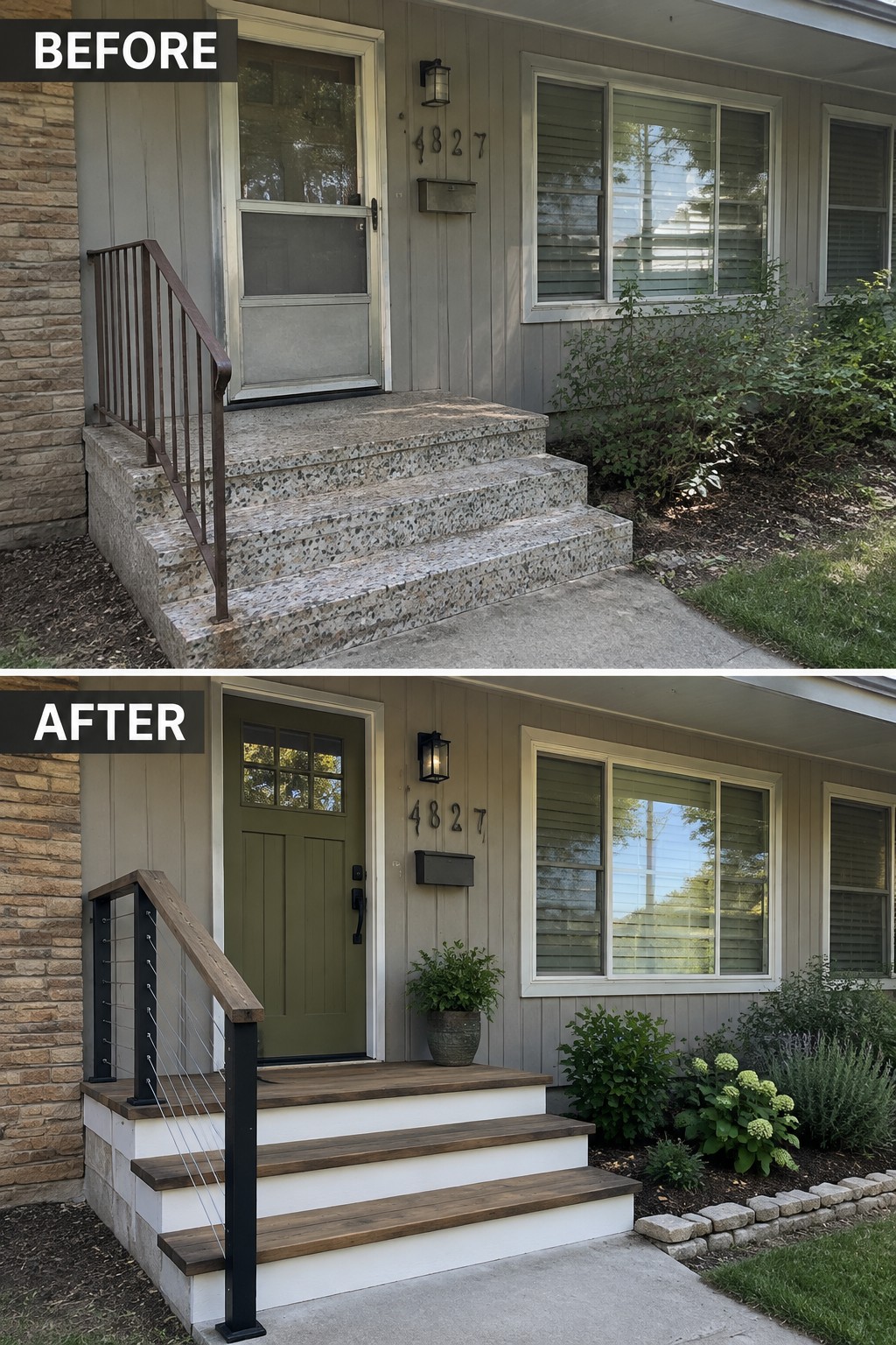 Before and after house entrance with green door, white wooden steps, modern railing.
