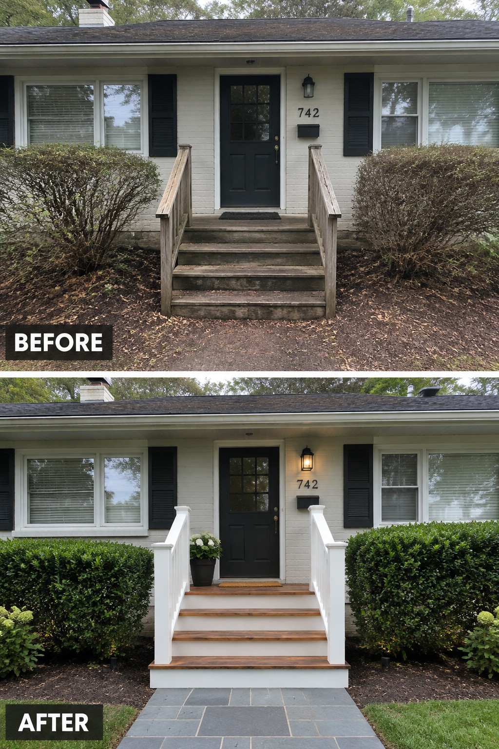 Before and after views of renovated front porch with white stairs and green bushes