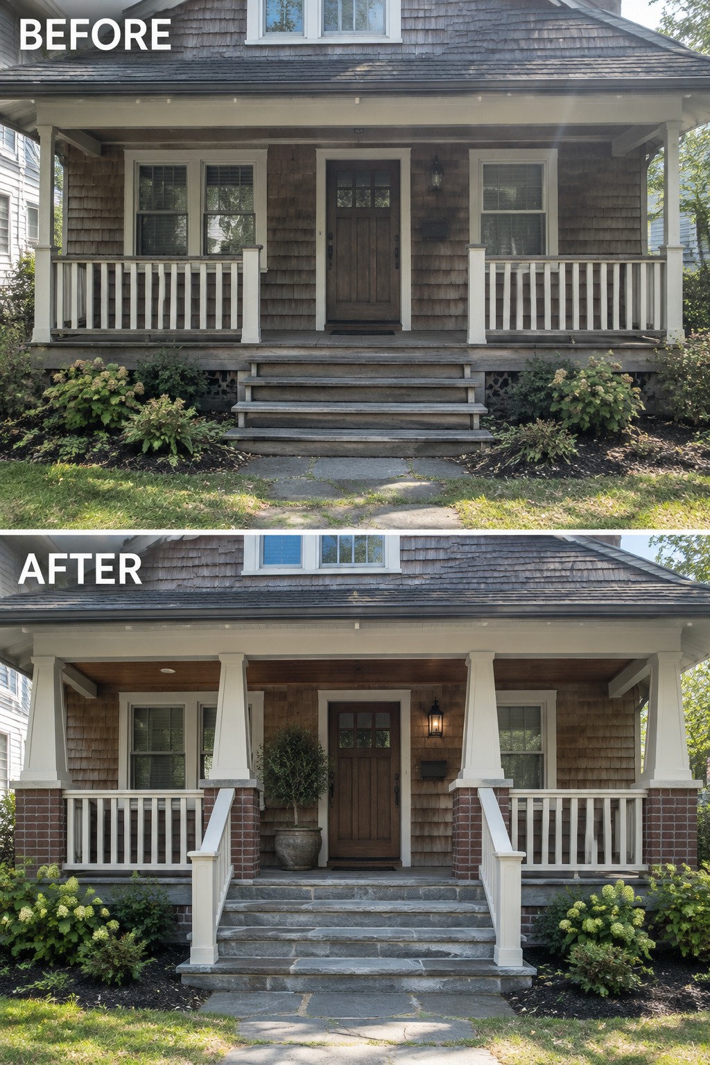 Before and after porch renovation with stone steps, brick columns, and updated railings.