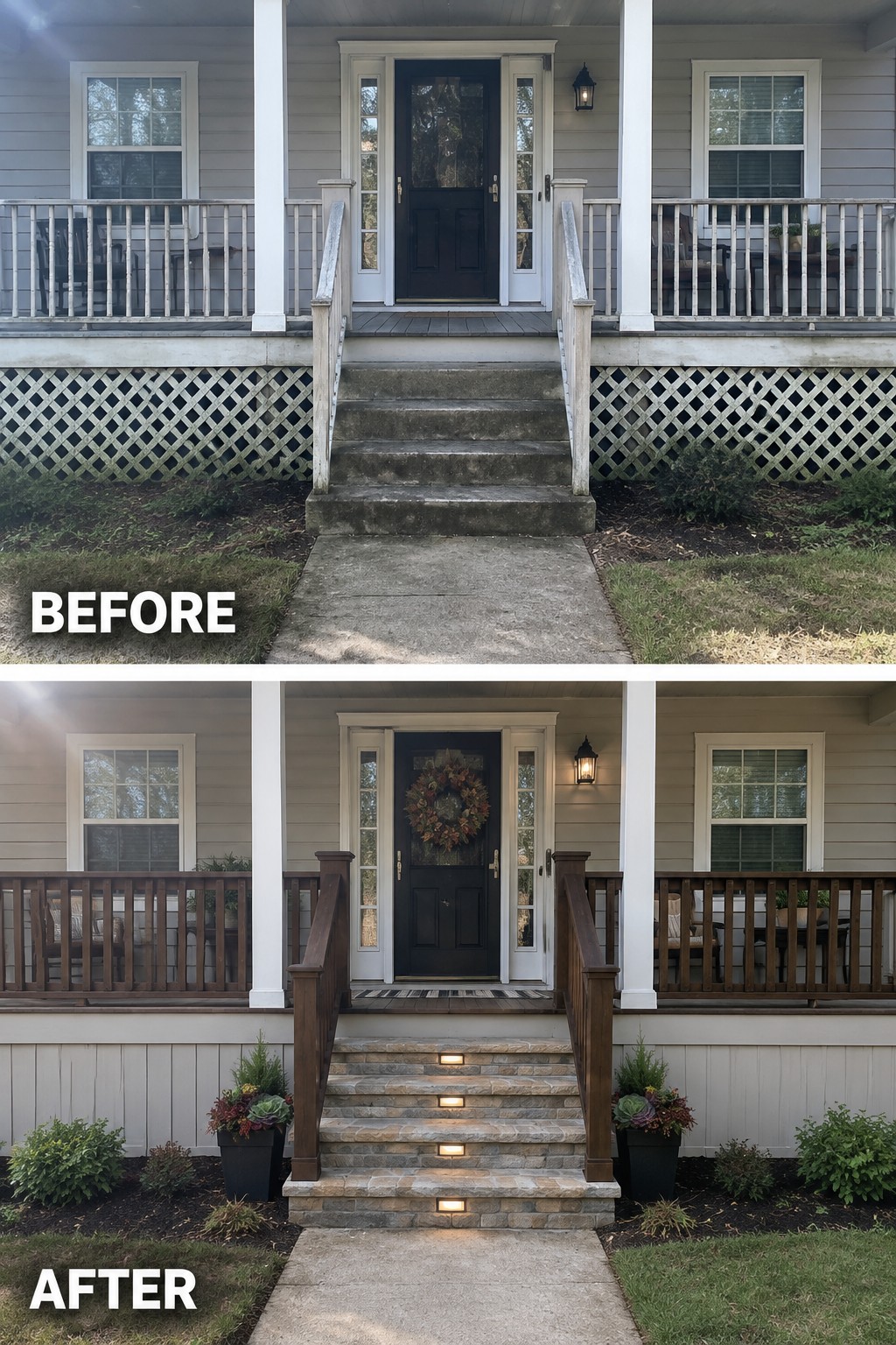 Before and after porch renovation with stone steps, wooden railings, and added plants.