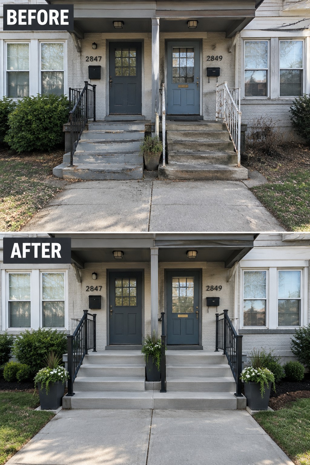 Before and after duplex entrance renovation with new black railings and planters.