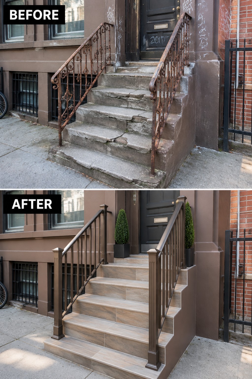 Before and after of brownstone stairs with rusty railings replaced by modern brown ones.