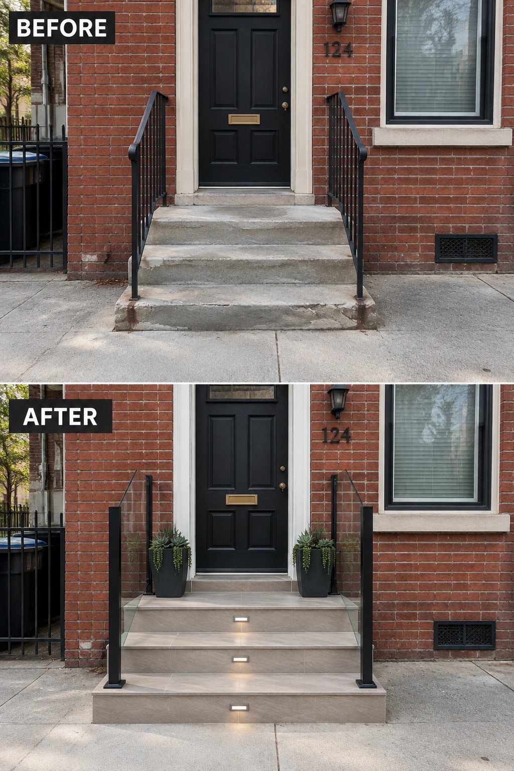 Before and after of brick house steps with glass railings, lights, and planters.