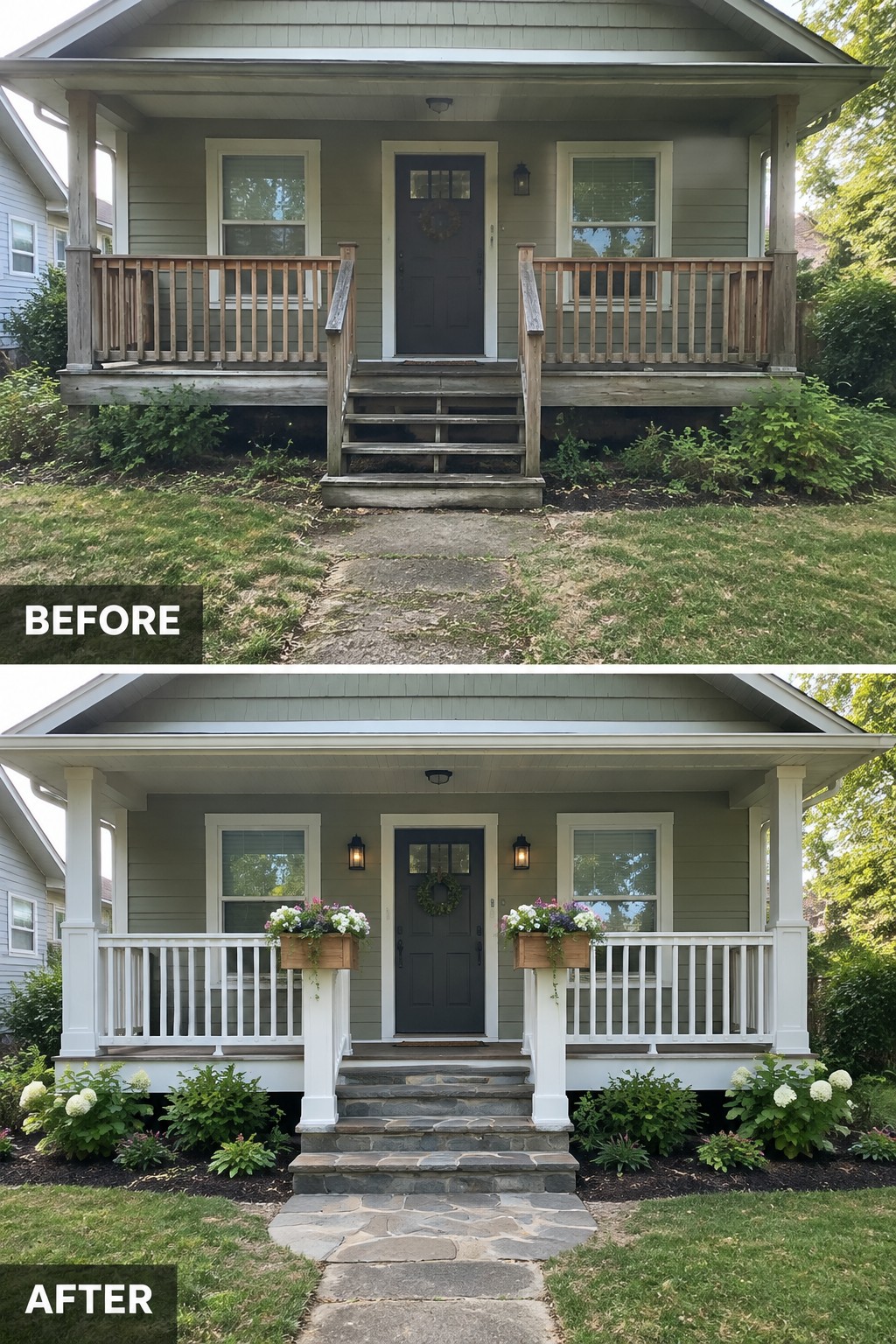 Before-and-after porch renovation with white railings, stone steps, and flower boxes.
