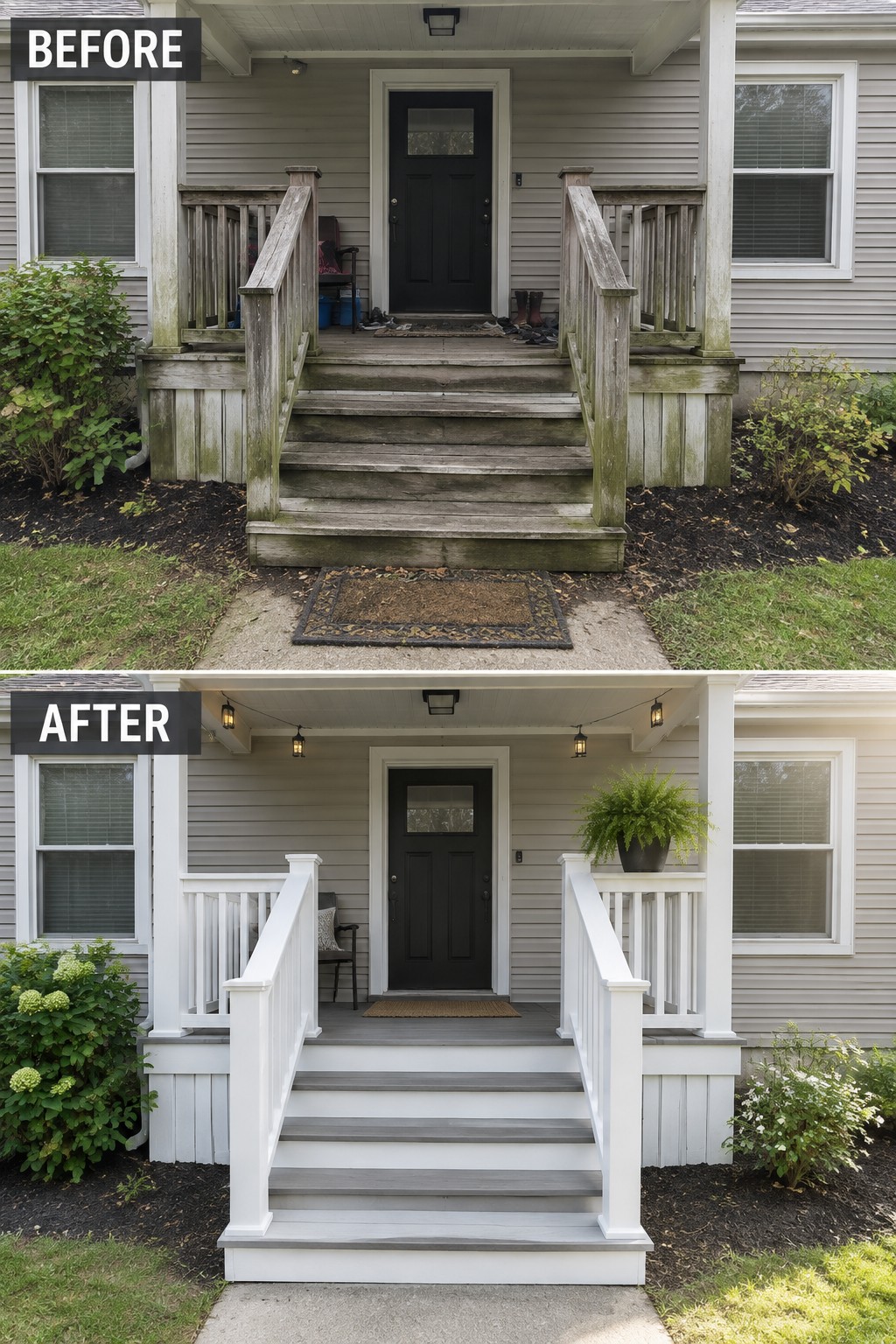 Before and after renovation of front porch with white railings and gray steps.