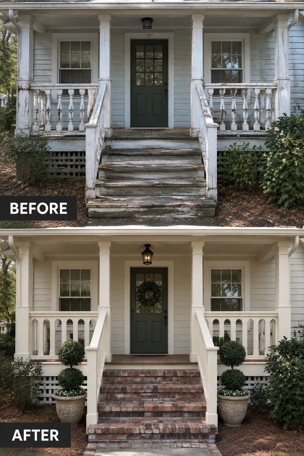 Before-and-after image of a front porch with worn wooden steps replaced by brick steps, fresh white paint on the railings, and added planters beside the stairs.