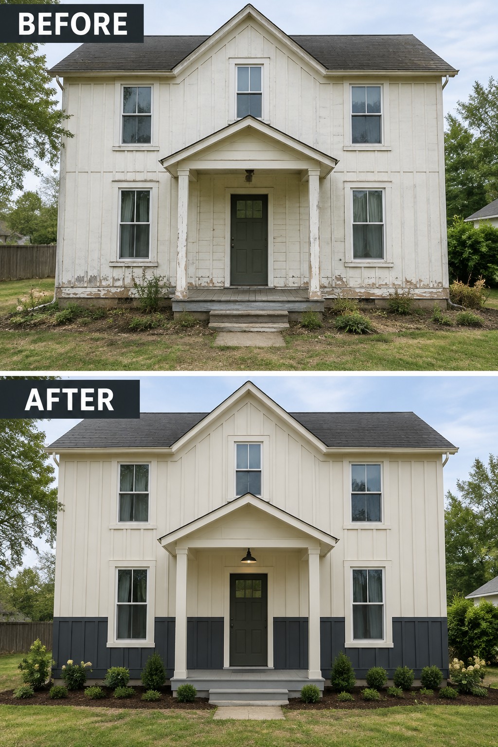 Before and after of two-story house with fresh paint, dark trim, and updated landscaping.