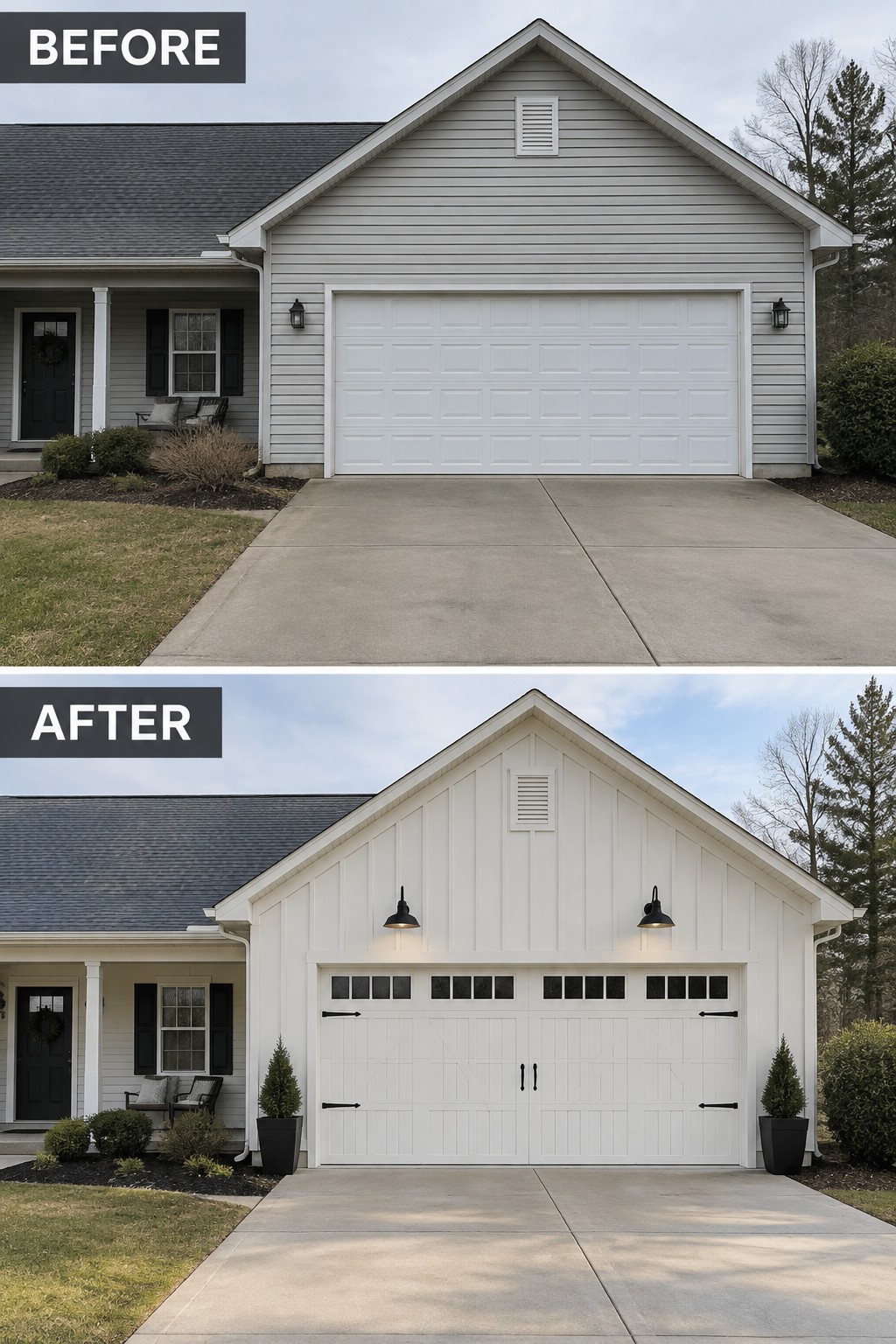 Before-and-after image of a house exterior showing plain horizontal siding on the garage gable changed to vertical board and batten with a new garage door and added sconces.