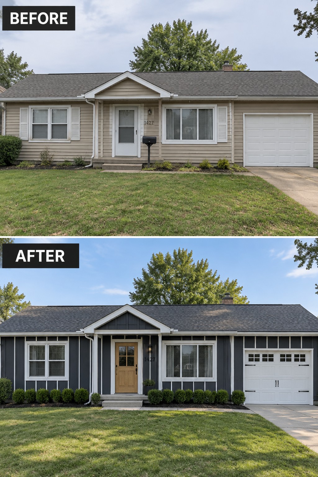 Before-and-after image of a ranch house exterior changed from beige horizontal siding to dark board and batten siding with updated trim, door, and landscaping.