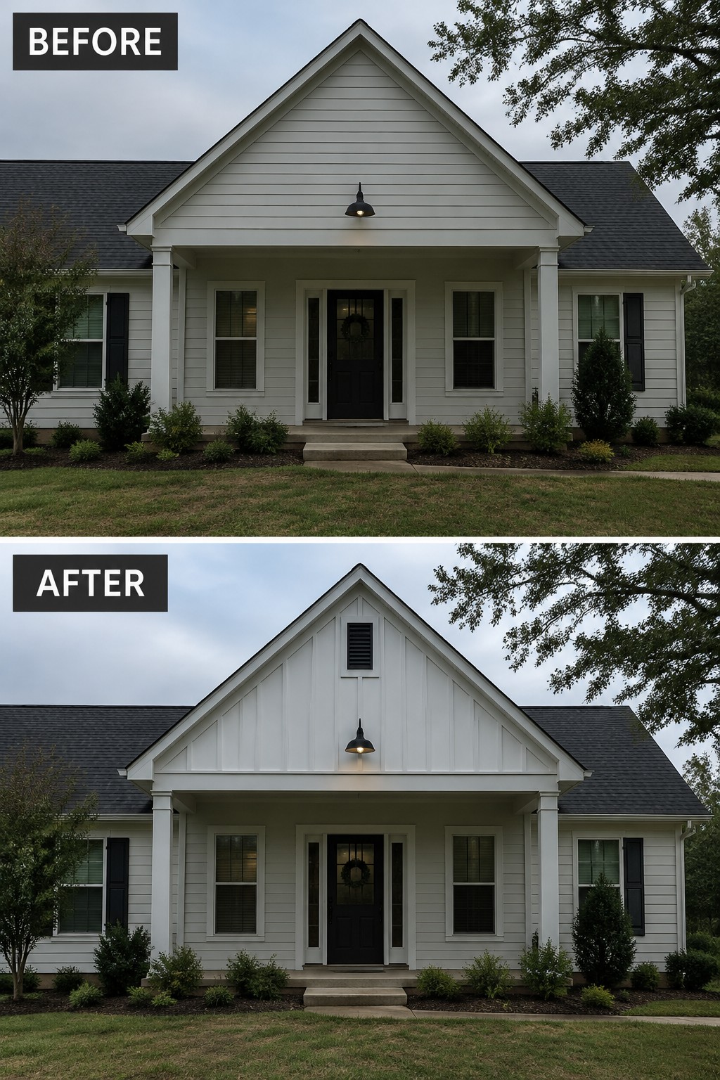 Before-and-after image of a house exterior with board and batten siding added to the front gable.