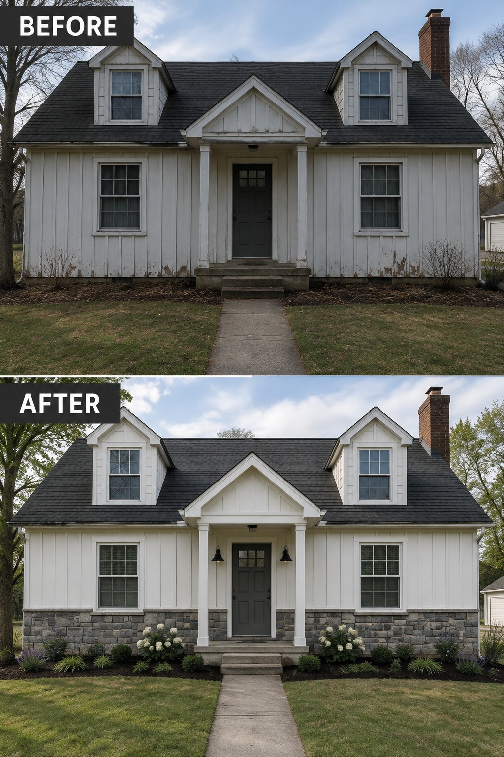 Before and after of white house with new stone base, lights, and landscaping