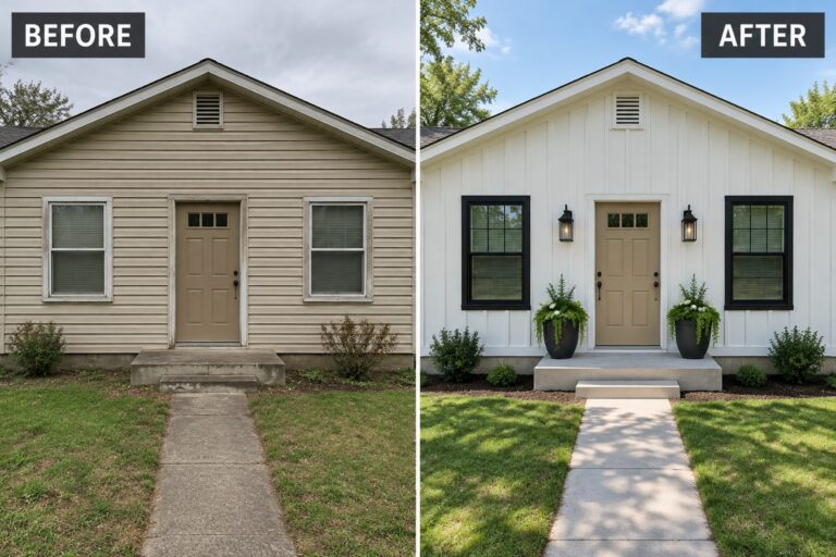 Before-and-after image of a house exterior changed from beige horizontal siding to white board and batten siding with black window trim and added planters.