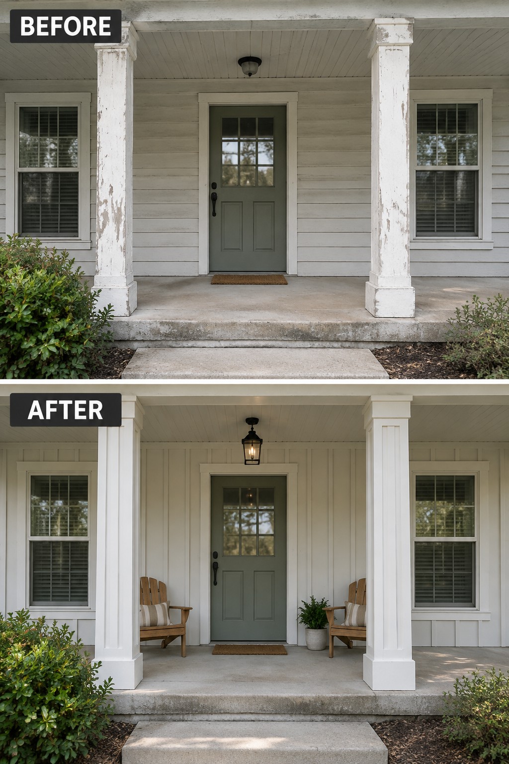 Before-and-after image of a front porch updated with fresh white paint on the columns, two wooden chairs, a hanging lantern, and a potted plant.