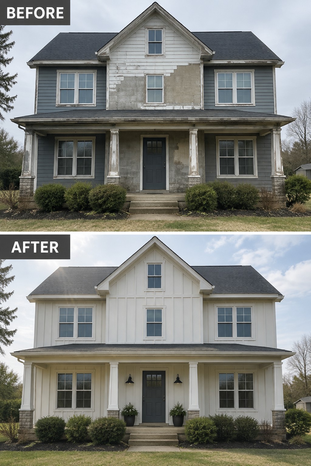Before-and-after image of a two-story house exterior with peeling and patchy siding updated to white board and batten siding with refreshed porch columns and trim.