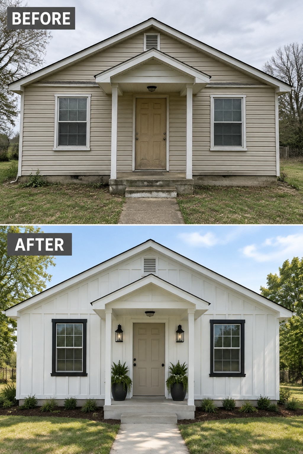 Before-and-after image of a house exterior changed from beige horizontal siding to white board and batten siding with black window trim and added planters.