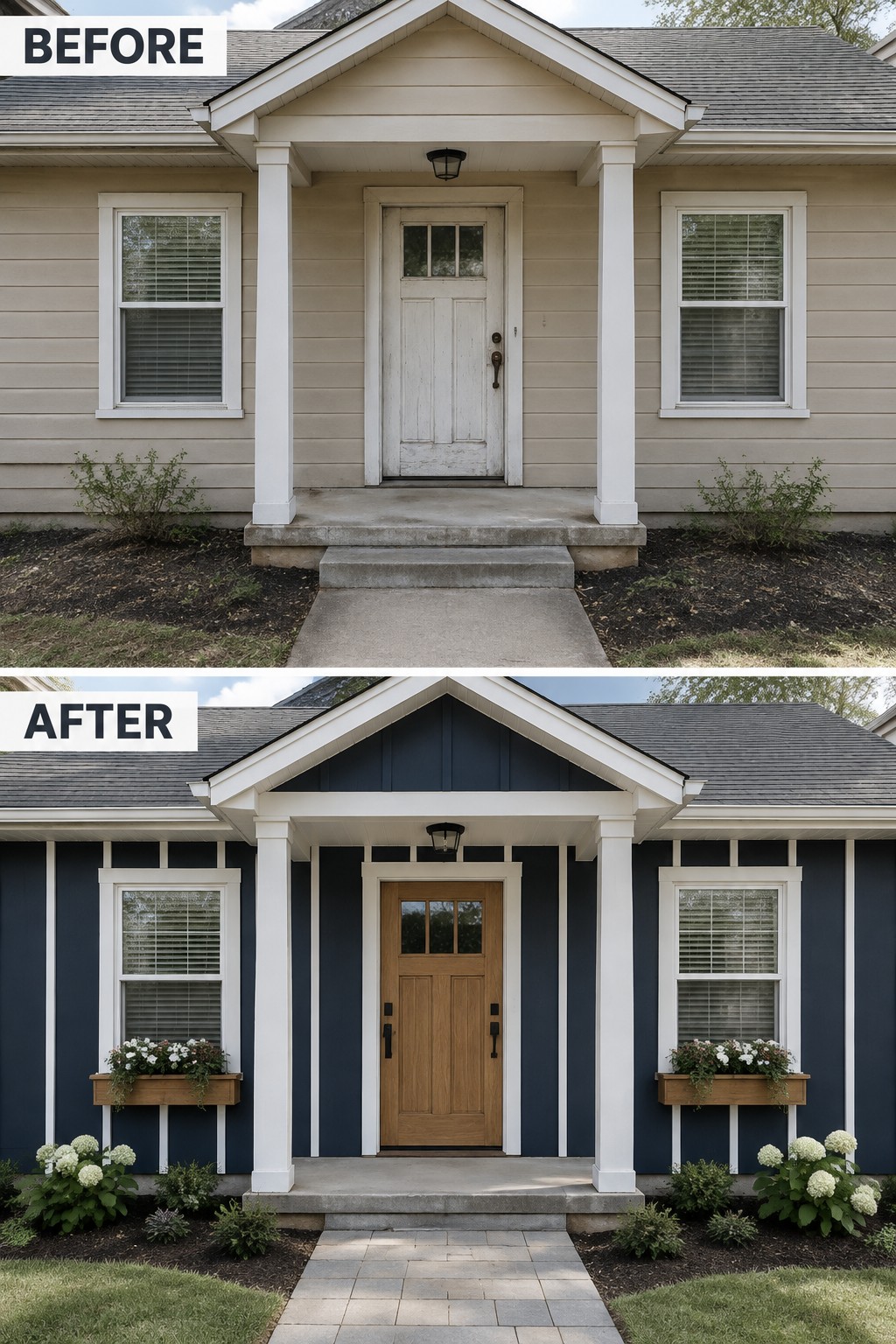 Before and after house exterior with beige to navy siding, new door and landscaping