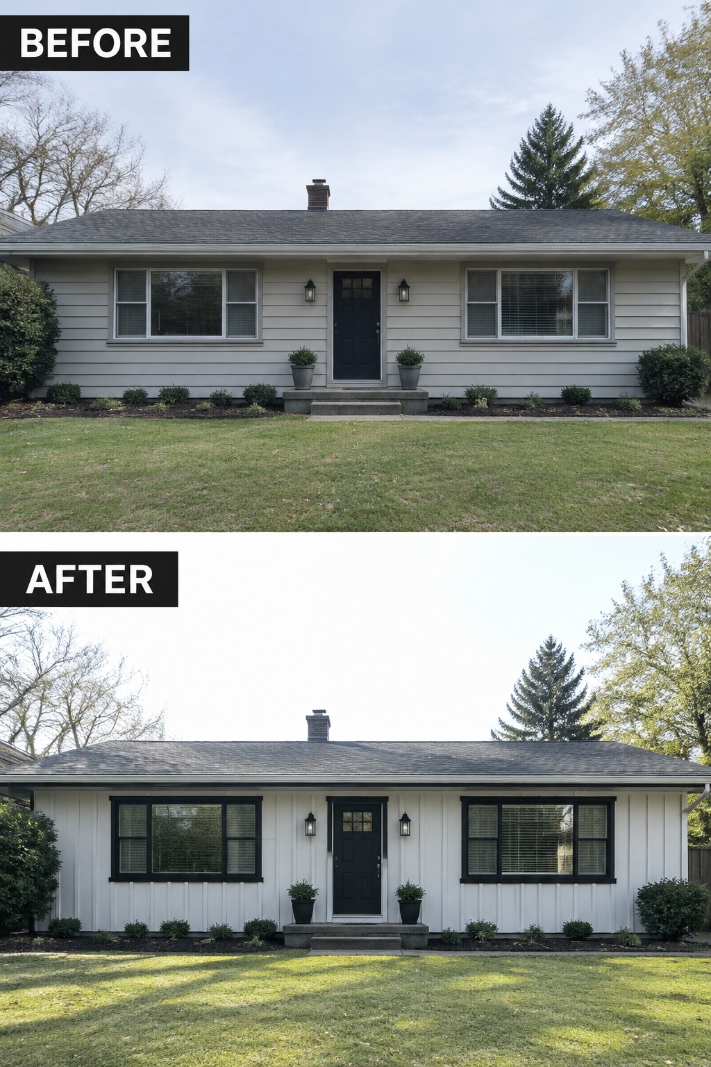 Before-and-after image of a ranch house exterior updated with vertical board and batten siding and black window trim.