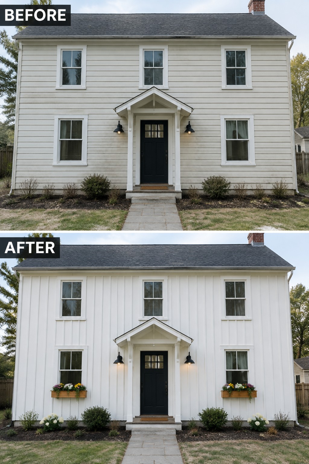Before-and-after image of a two-story house exterior updated with vertical board and batten siding and added flower boxes under the front windows.
