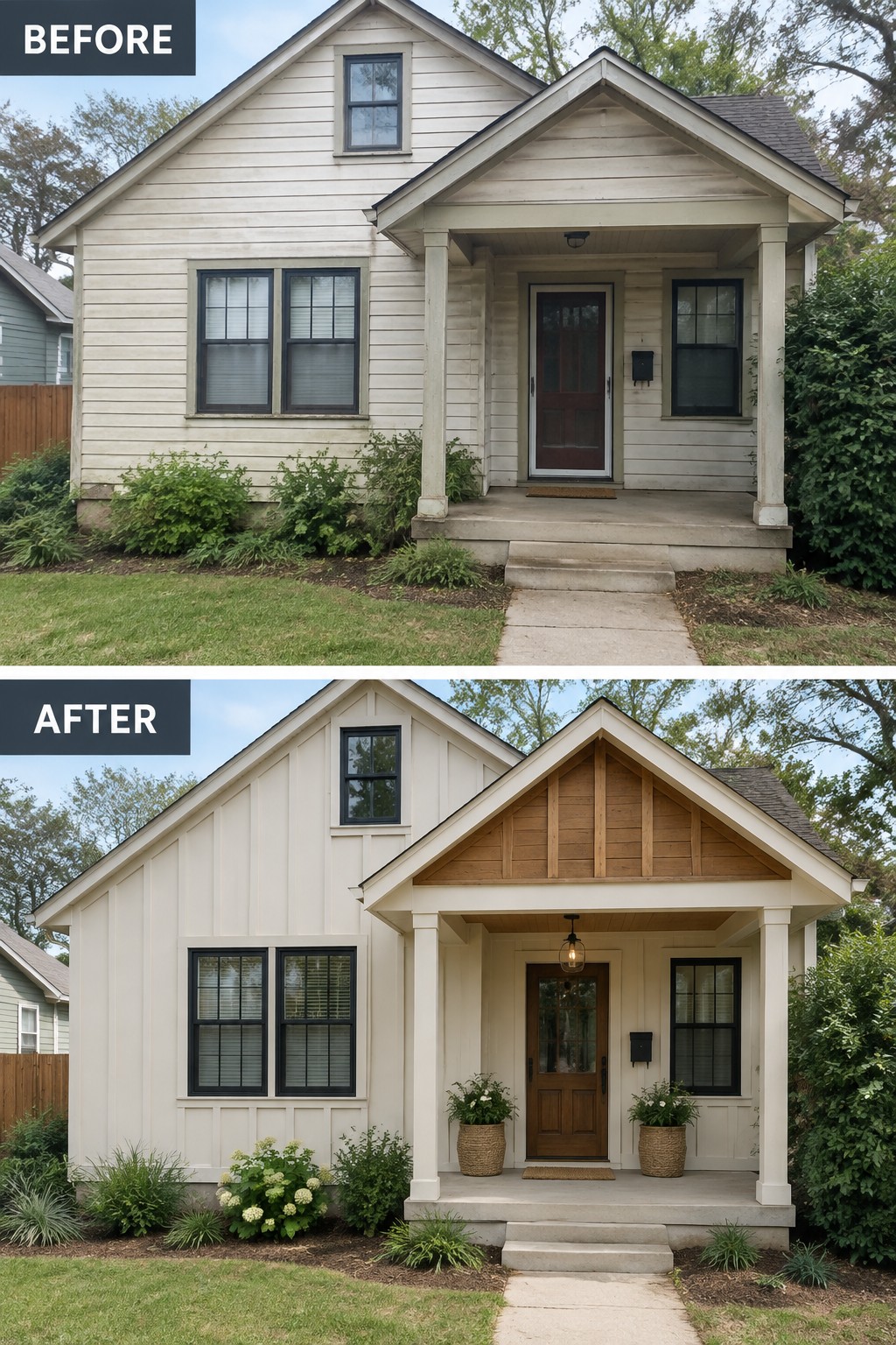 Before and after house exterior with updated porch, wood gable, and potted plants